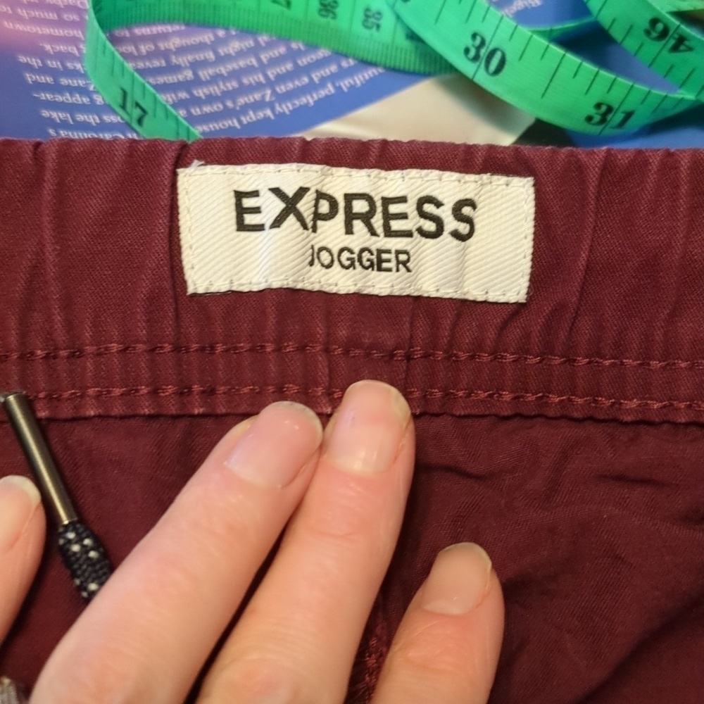 Express Men's Burgundy Twill Jogget Pants - Picture 3 of 4